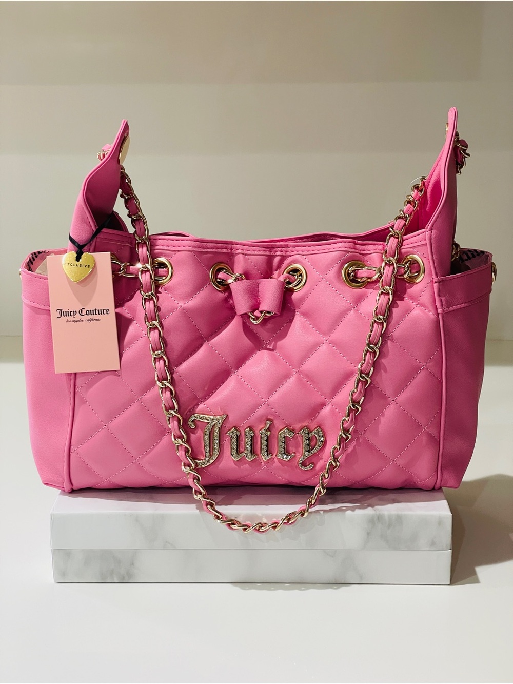 Juicy Couture Fashion Icon Cherry Blossom Pink Quilted Chain-Handle Bucket Bag